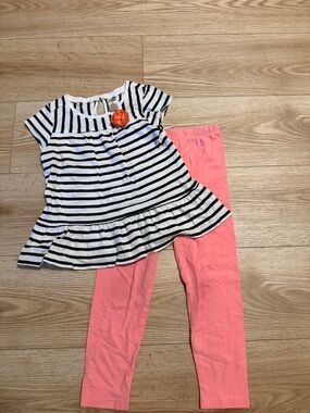 Girls Baby & White Striped Top with Coral Pink Leggings